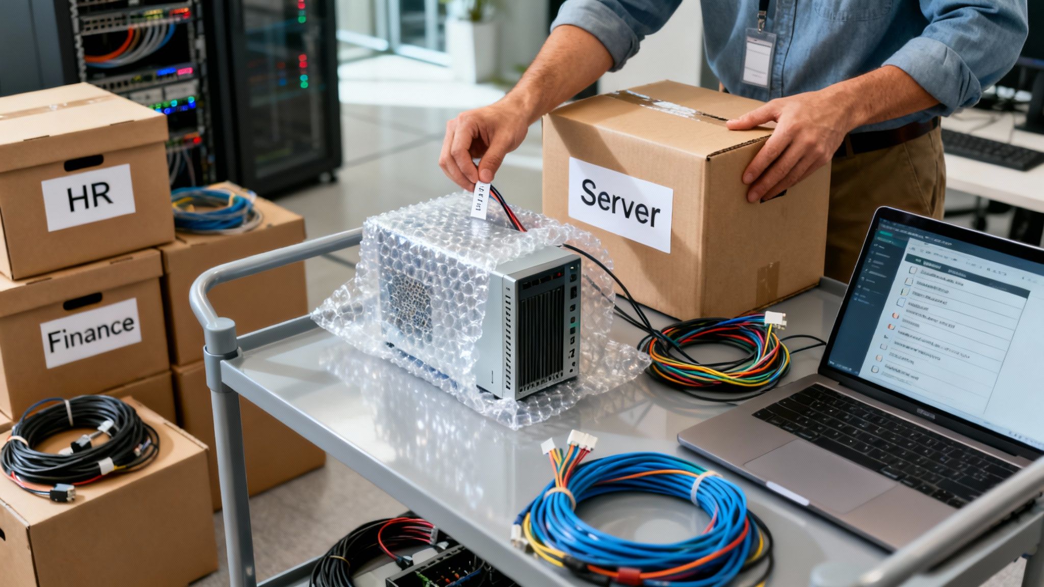 Man packing a server and cables on a cart, with HR and Finance boxes in an office.