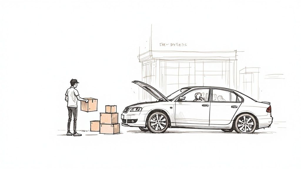 An illustration of a person stacking cardboard moving boxes next to a car with its hood open.