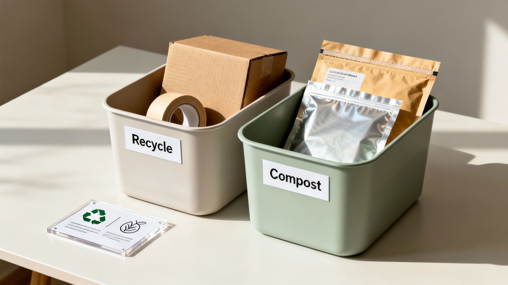 Two bins labeled 'Recycle' and 'Compost' containing eco-friendly packaging items for waste sorting.