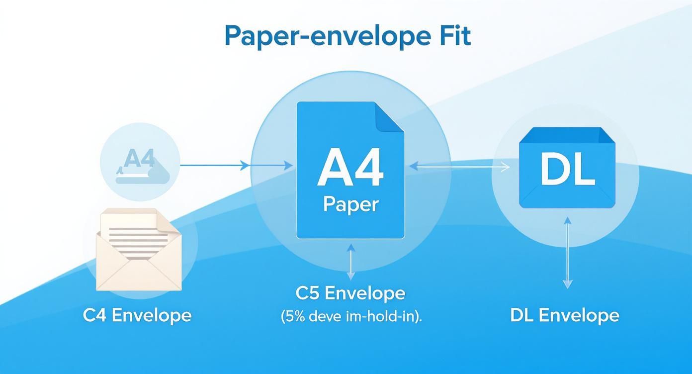 Diagram showing A4 paper fits in C5 envelope, C4 and DL envelopes comparison chart