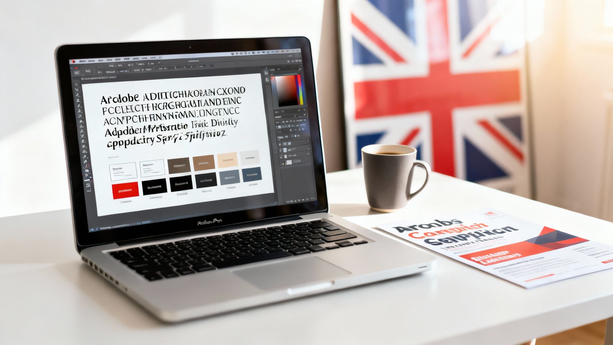 A laptop displaying design software with font examples and color palettes on a desk, next to a coffee mug.