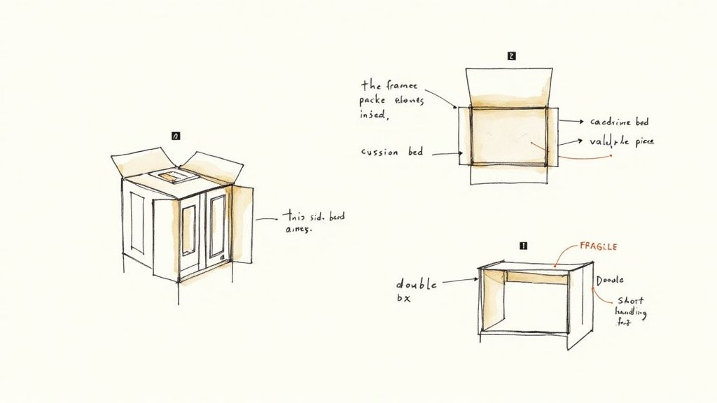 A person carefully placing a wrapped picture frame into a cardboard box with other frames already packed vertically.
