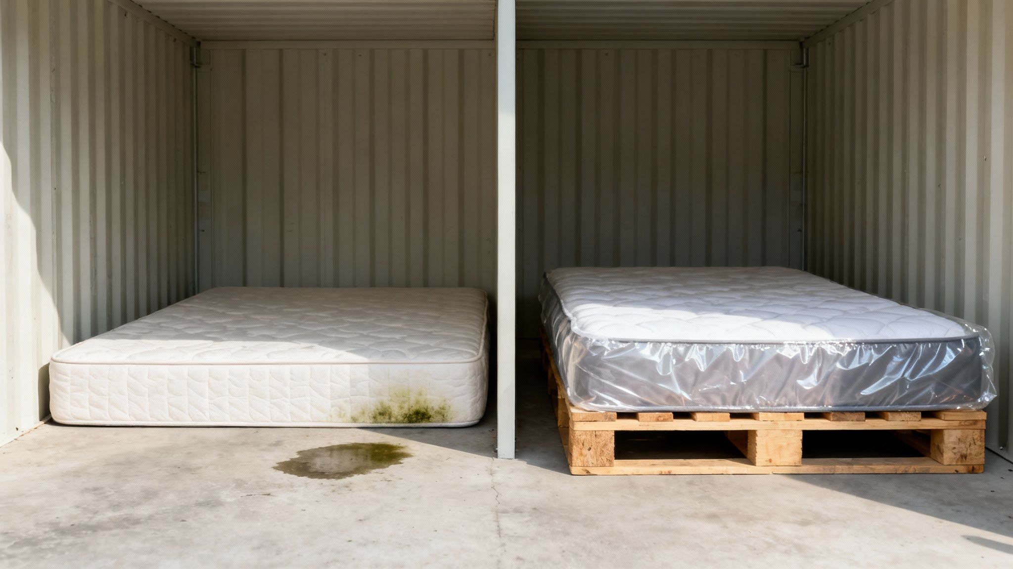 Two mattresses in separate storage units, one with mold and water damage, the other new and protected on a pallet.