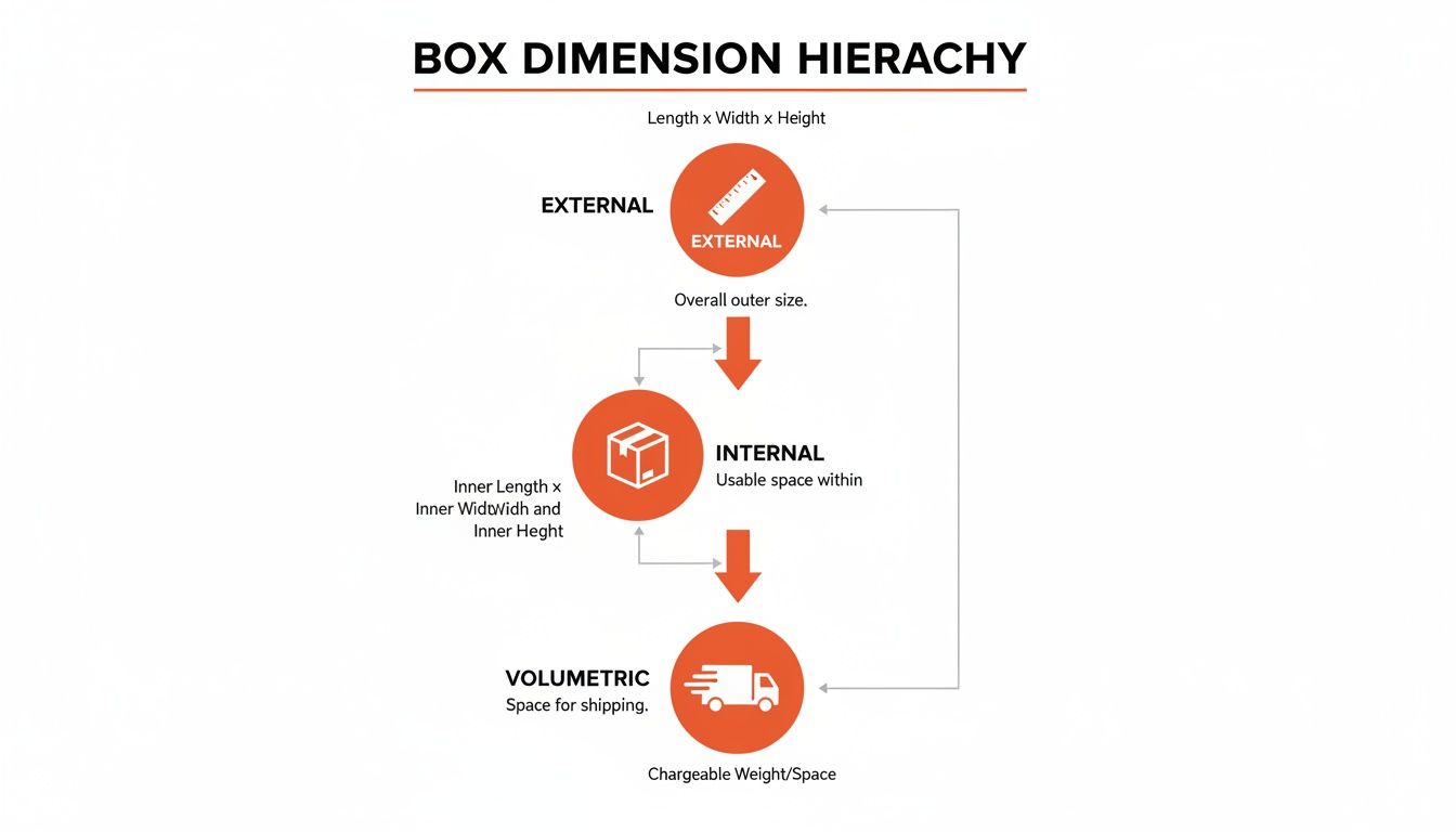 Flowchart explaining box dimension hierarchy: external, internal, and volumetric measurements for shipping.