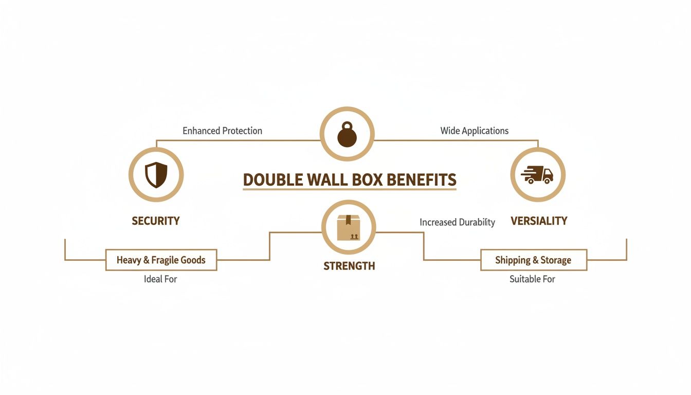 Infographic detailing double wall box benefits: security, strength, and versatility for shipping and storage.