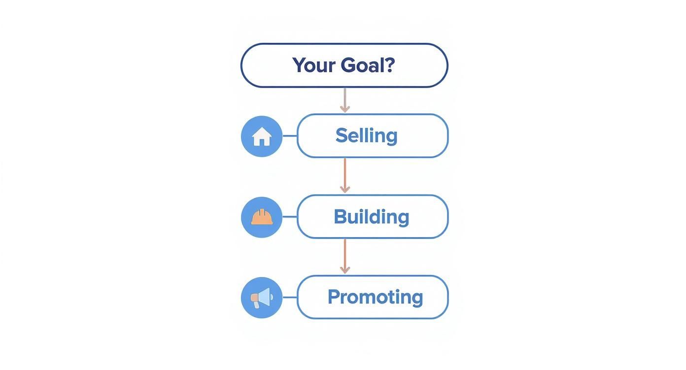 A flowchart showing a process starting with 'Your Goal?' leading to Selling, Building, and Promoting stages.