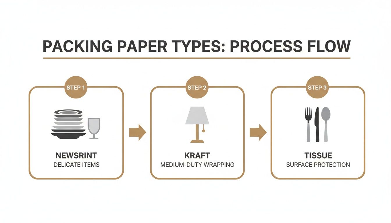 Infographic showing three types of packing paper: Newsprint for delicate items, Kraft for medium-duty wrapping, and Tissue for surface protection.