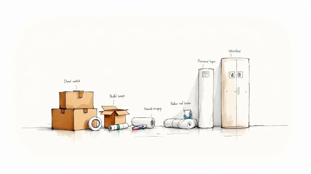 A living room with some packed boxes and moving supplies scattered around.