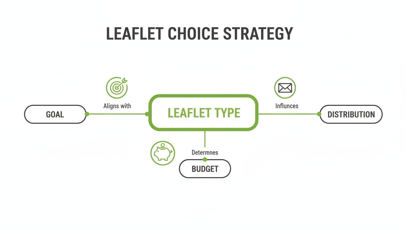 A flowchart detailing a leaflet choice strategy, showing the interconnectedness of goal, leaflet type, budget, and distribution.