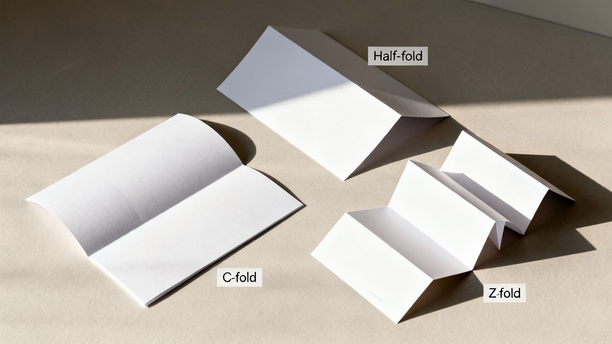 Three white papers demonstrating different folding techniques: half-fold, c-fold, and z-fold, on a beige surface.