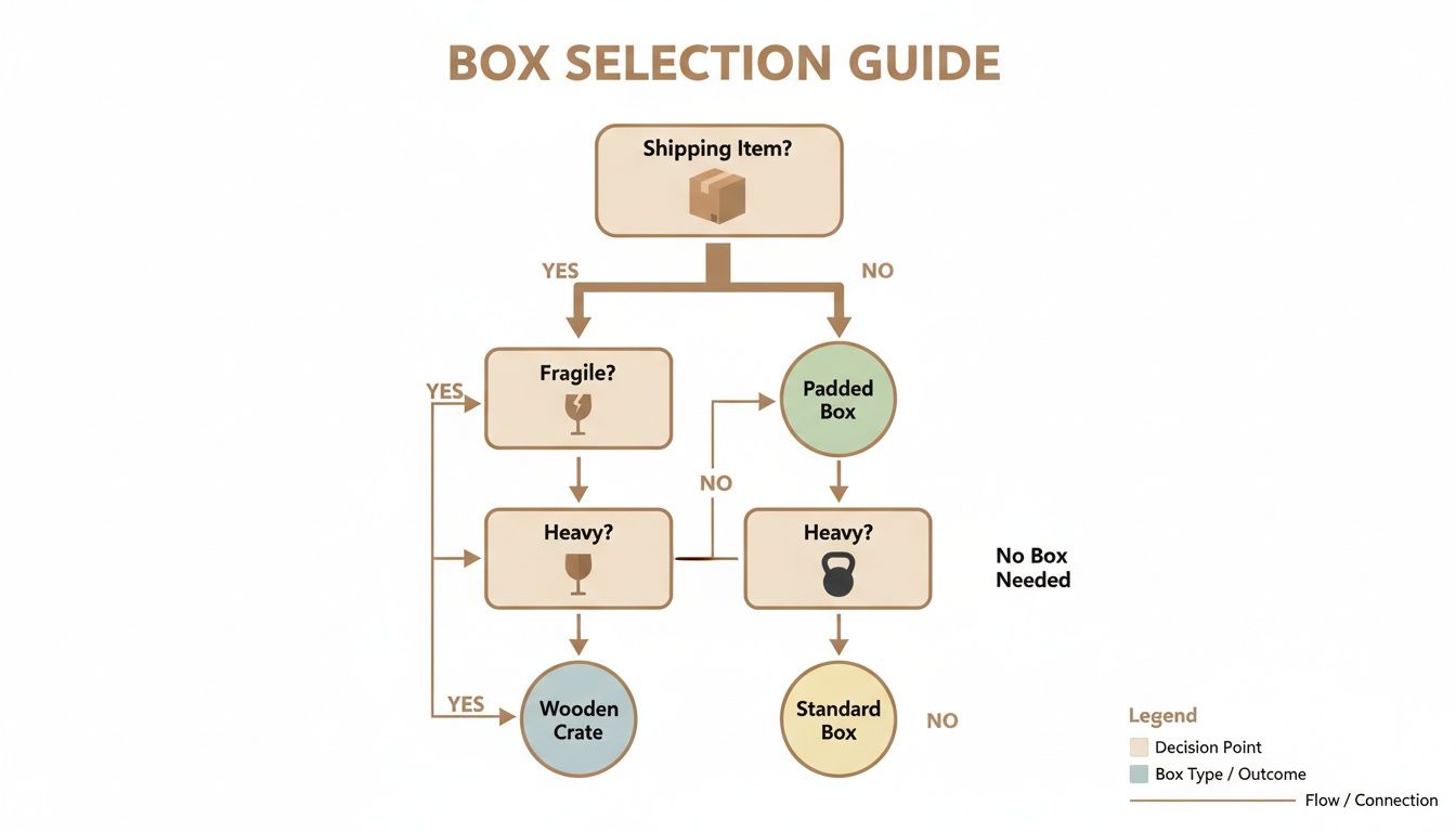 A flowchart titled 'BOX SELECTION GUIDE' illustrating decisions for choosing the right box type.