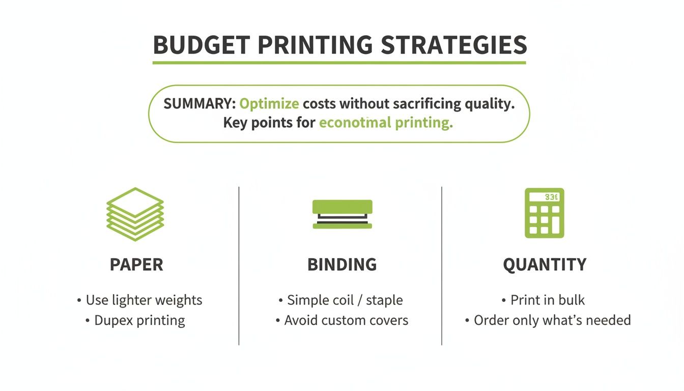 An infographic illustrating budget printing strategies with tips on paper, binding, and quantity to optimize costs.