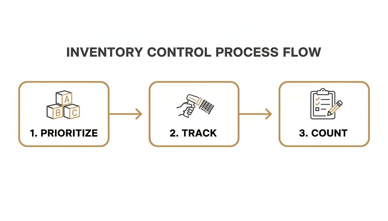 A diagram illustrating the inventory control process flow, featuring three steps: prioritize, track, and count.