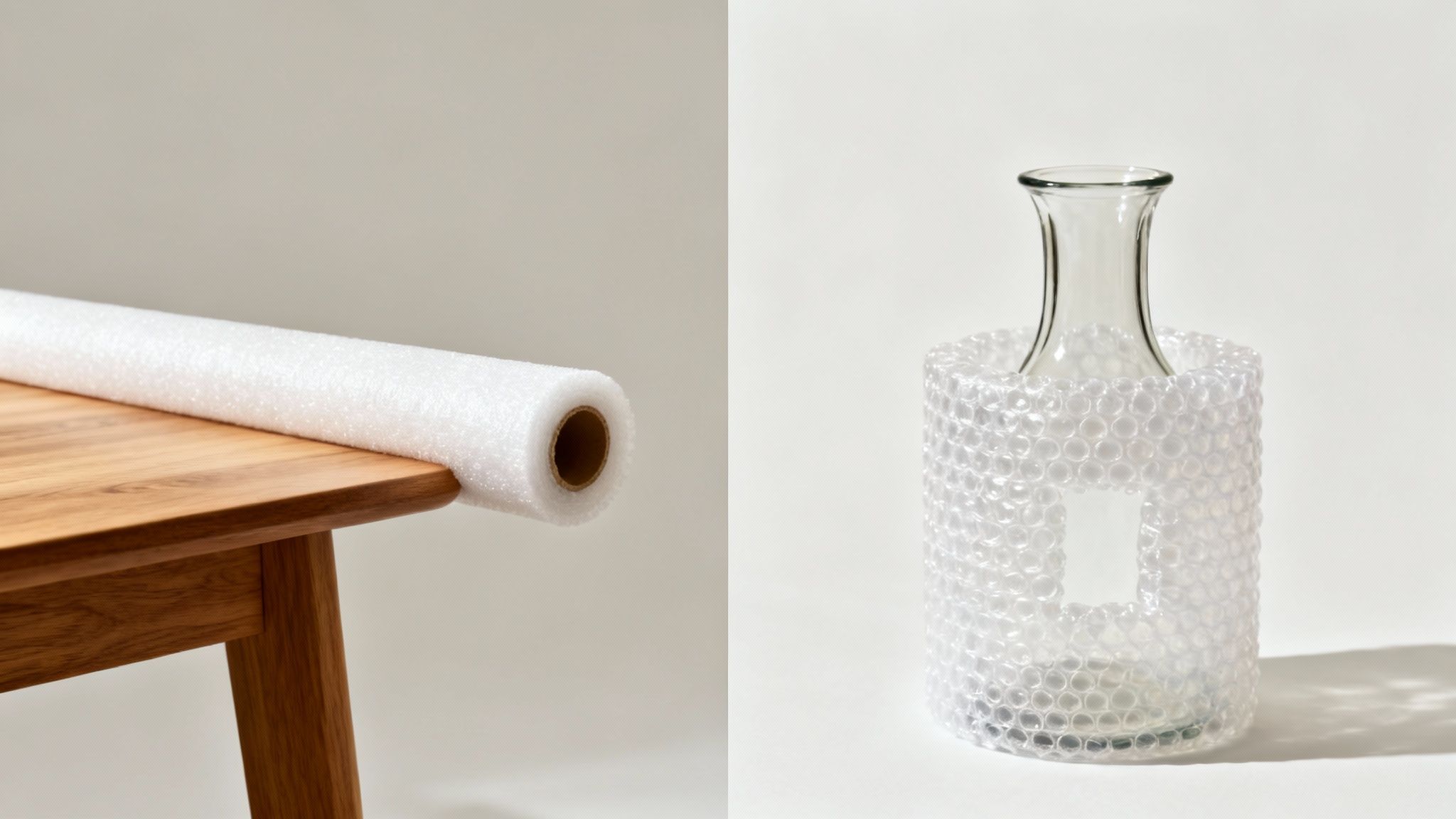 A roll of protective white foam on a wooden table and a glass bottle in bubble wrap.
