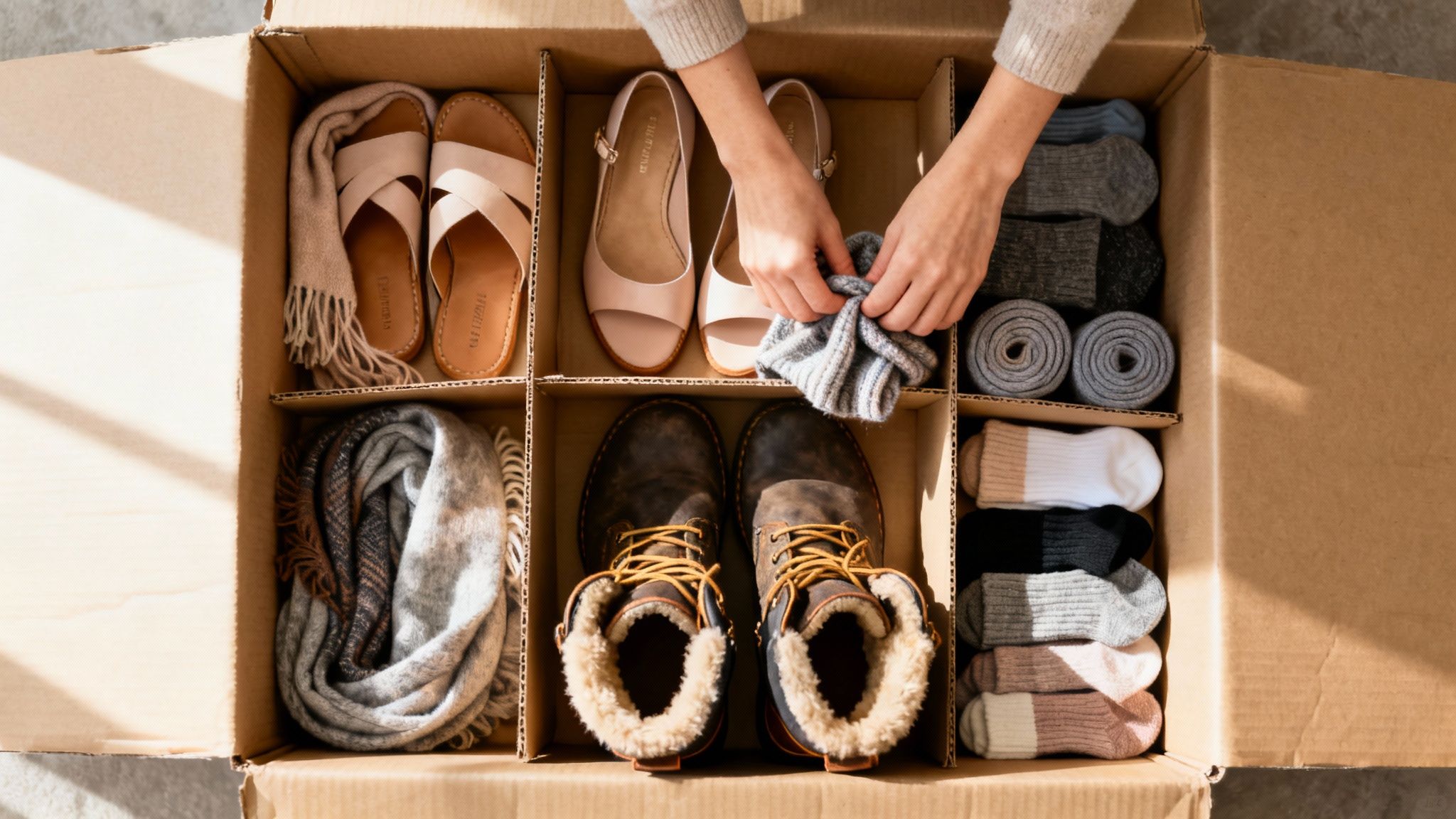 Hands organizing neatly packed shoes, socks, and scarves in a brown cardboard moving box.
