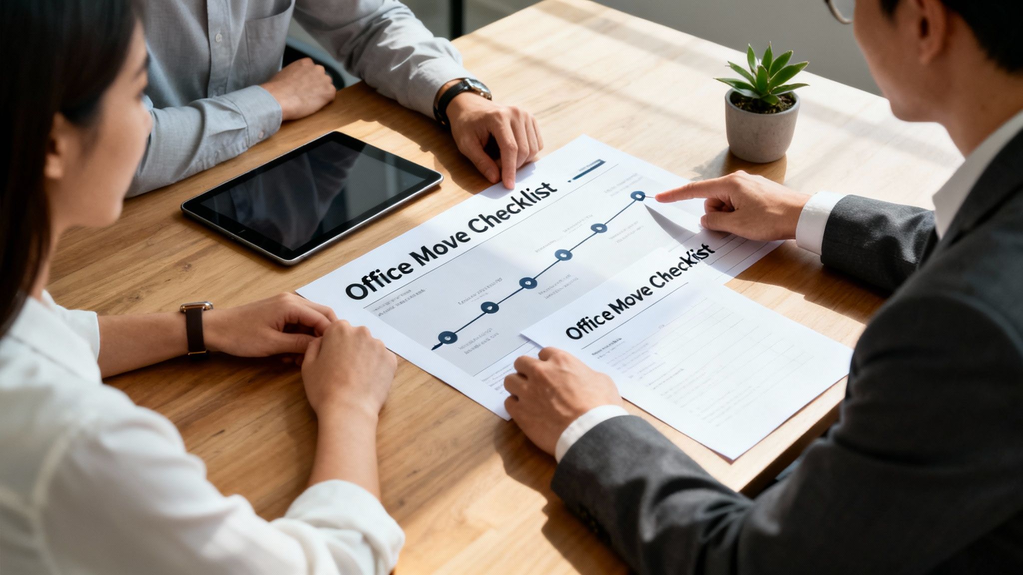 Two colleagues discuss an office move checklist, pointing at a timeline on the document.