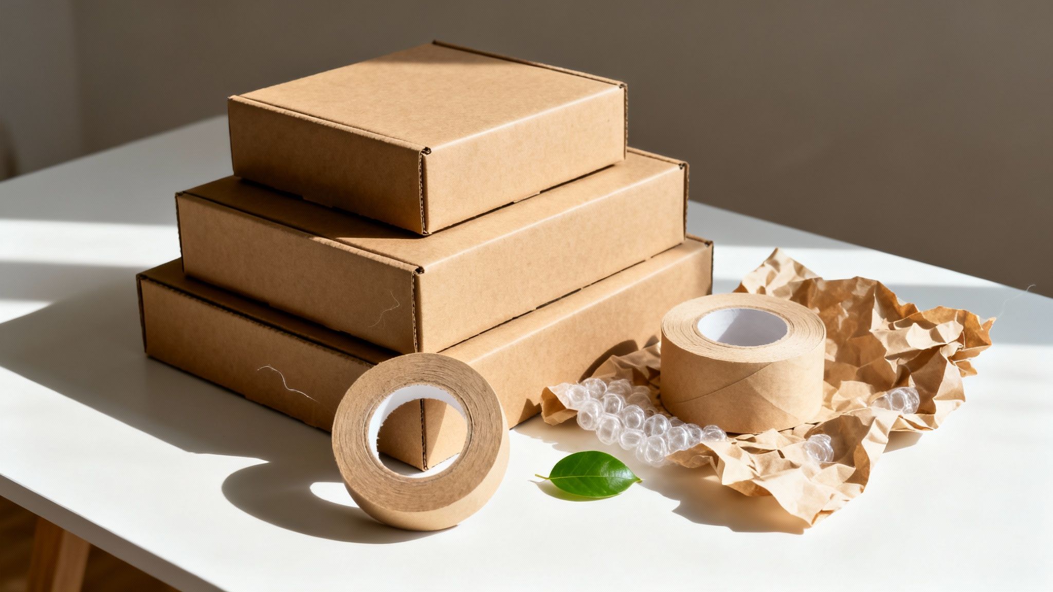 Three brown cardboard boxes stacked with packing tape, crumpled paper, bubble wrap, and a green leaf.