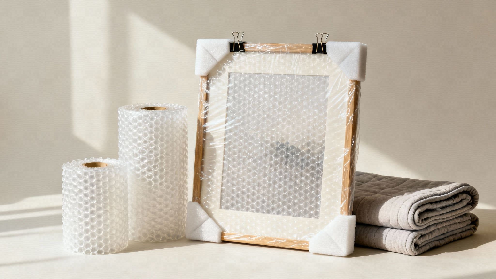 Packing supplies including bubble wrap rolls, a framed item with foam corners, and folded blankets.