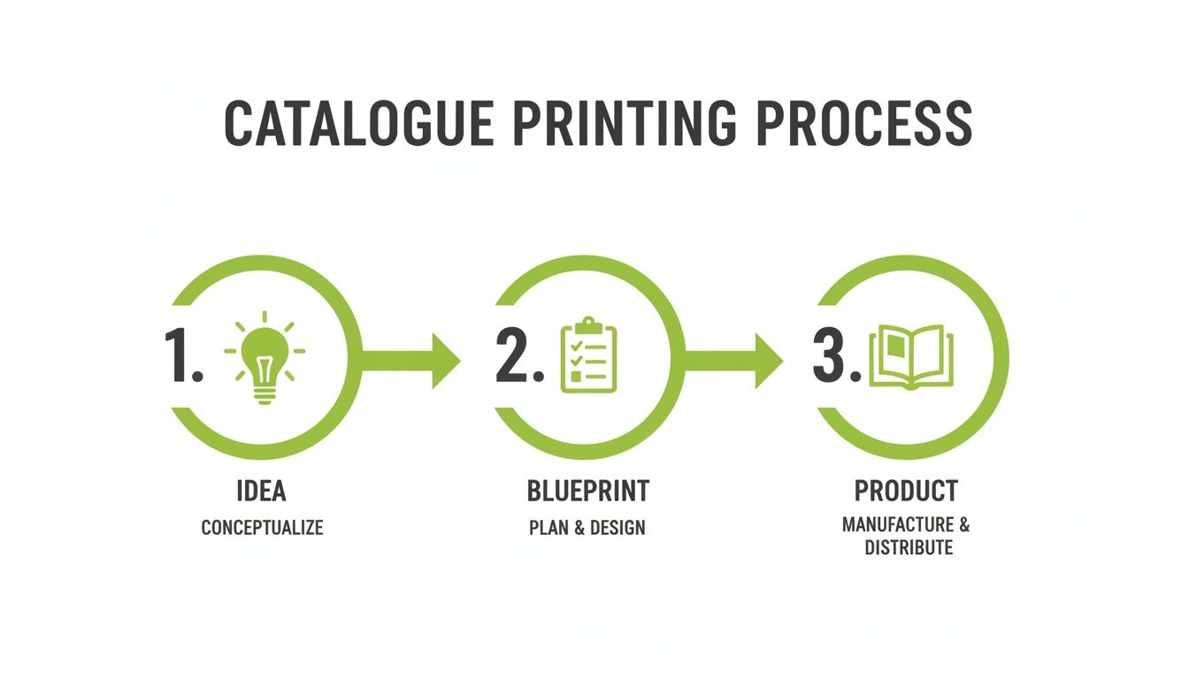 Infographic illustrating the 3-step catalogue printing process from idea to final product.