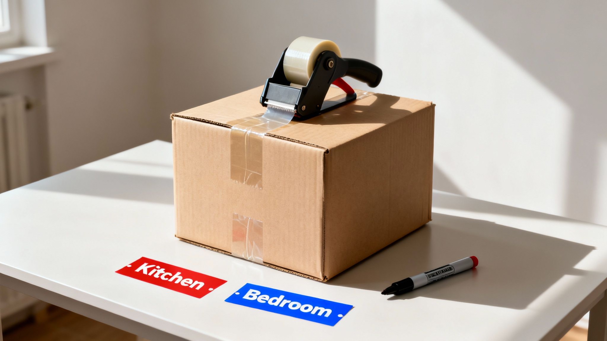 A cardboard box, tape dispenser, and room labels ('Kitchen', 'Bedroom') on a table, ready for moving.