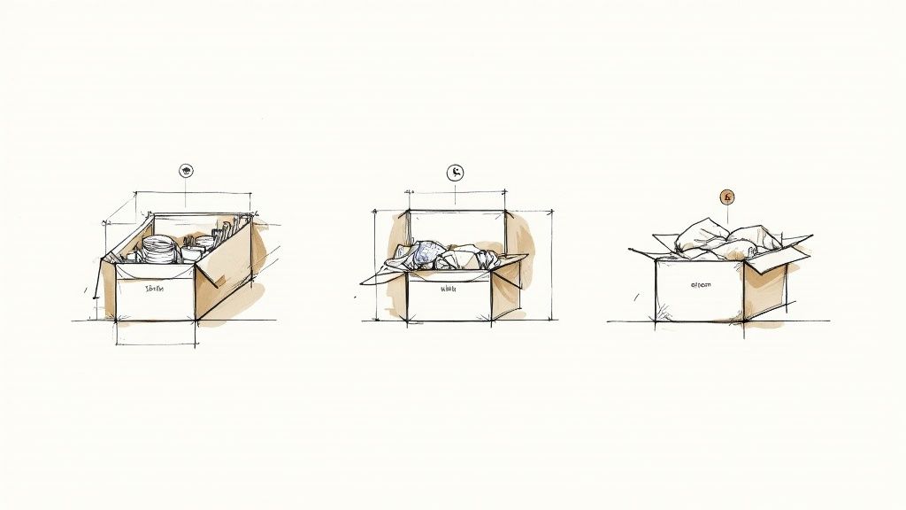 Sketches of three cardboard moving boxes, illustrating packing of kitchenware, clothes, and general items.