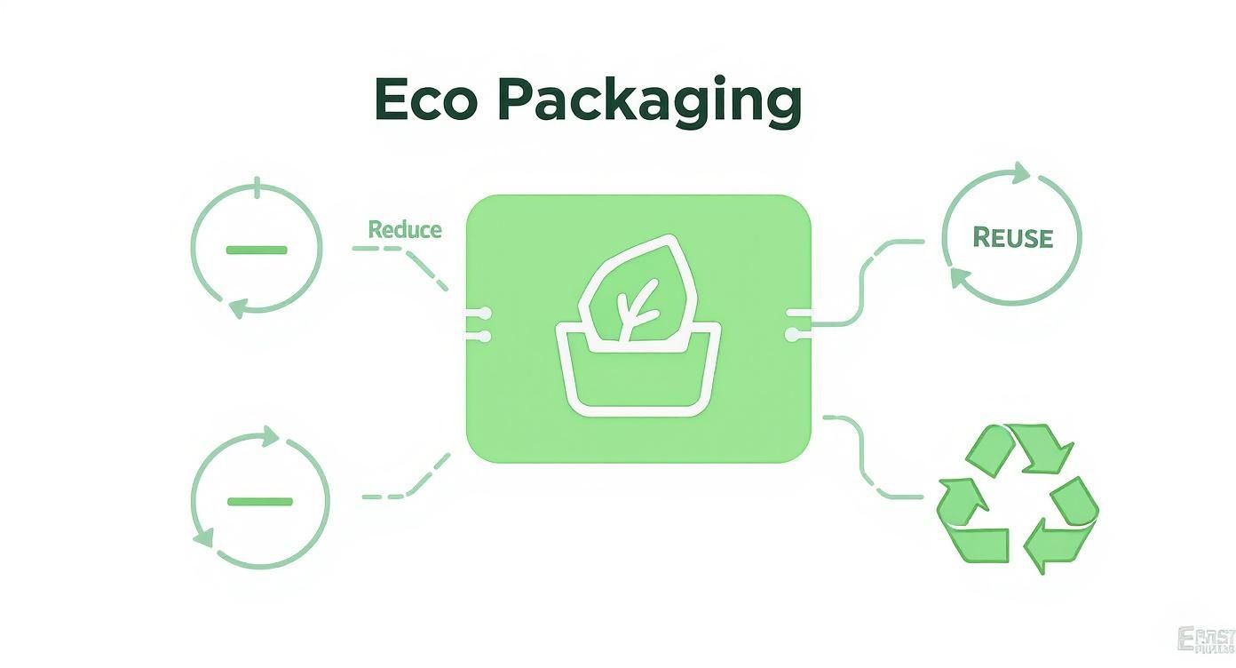 Eco packaging infographic showing sustainable principles: reduce, reuse, and recycle with green circular arrows