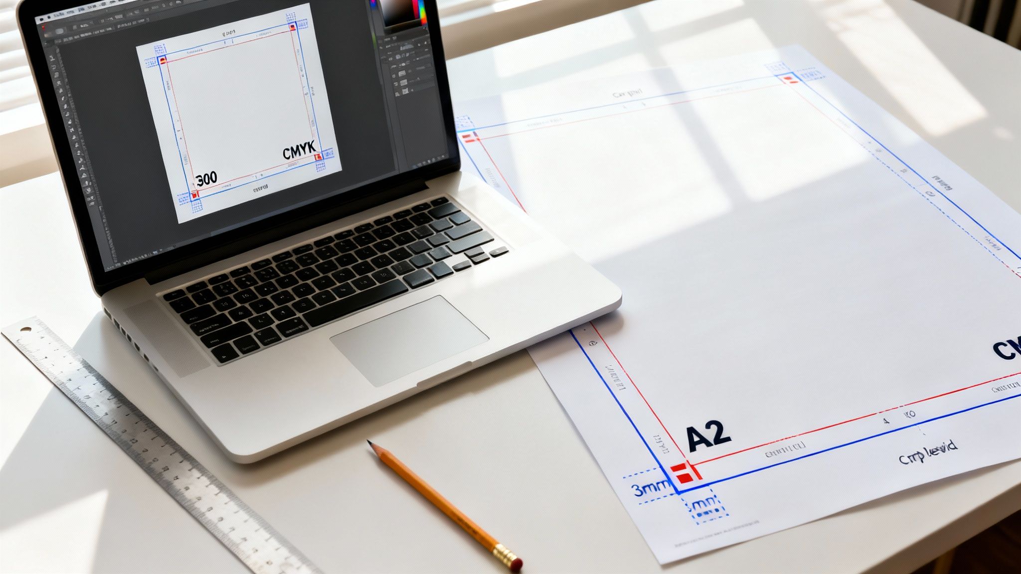 A graphic design workspace with a laptop displaying a print layout and an A2 paper with trim marks.