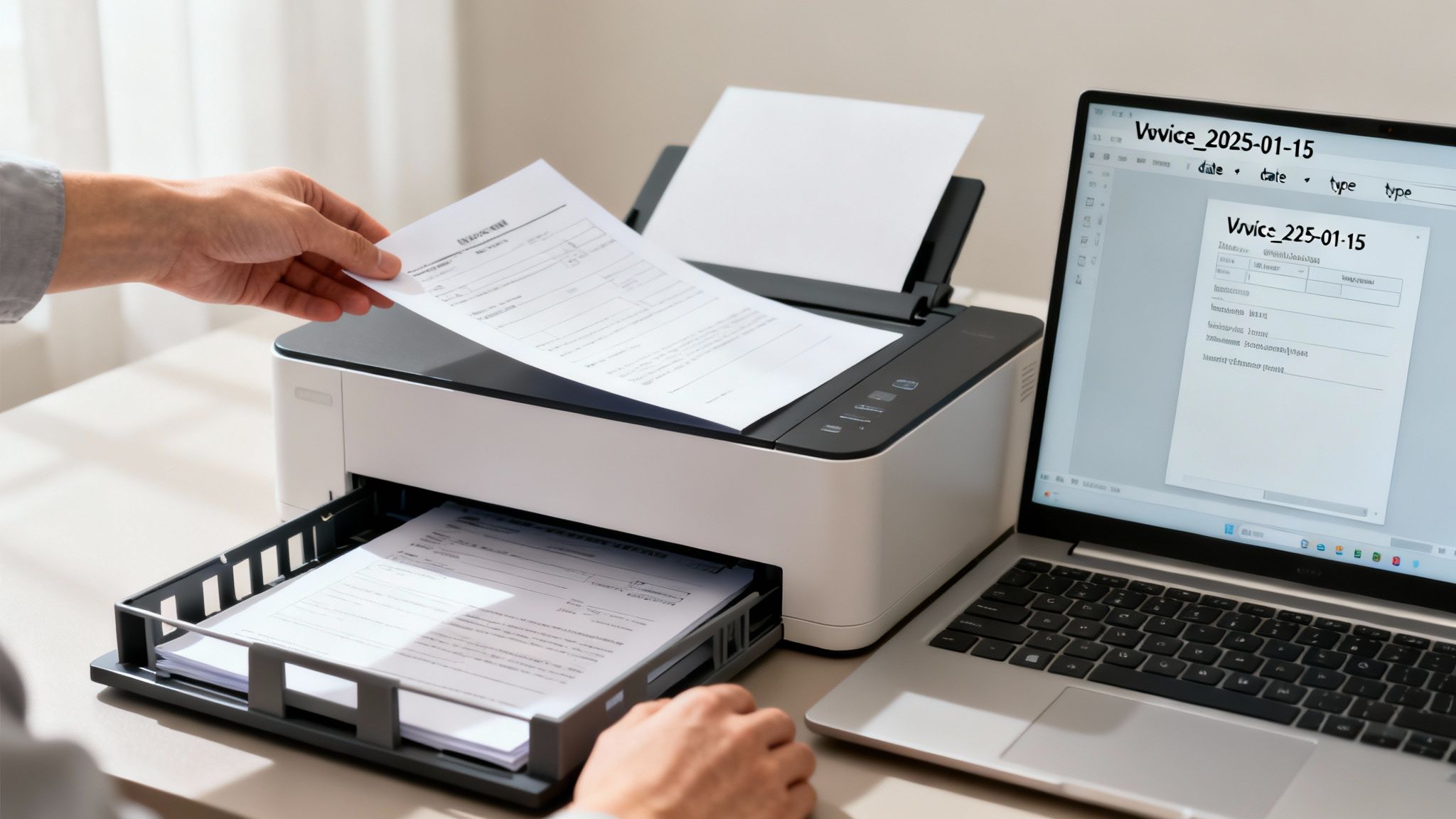 A person feeds a document into a printer, with a laptop displaying a digital form beside it.
