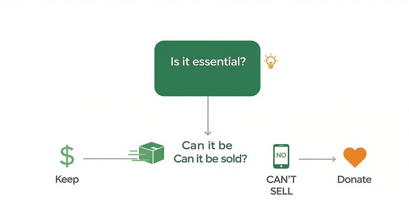 A flowchart guides decluttering decisions: essential items are kept, sellable items are sold, and unsellable items are donated.