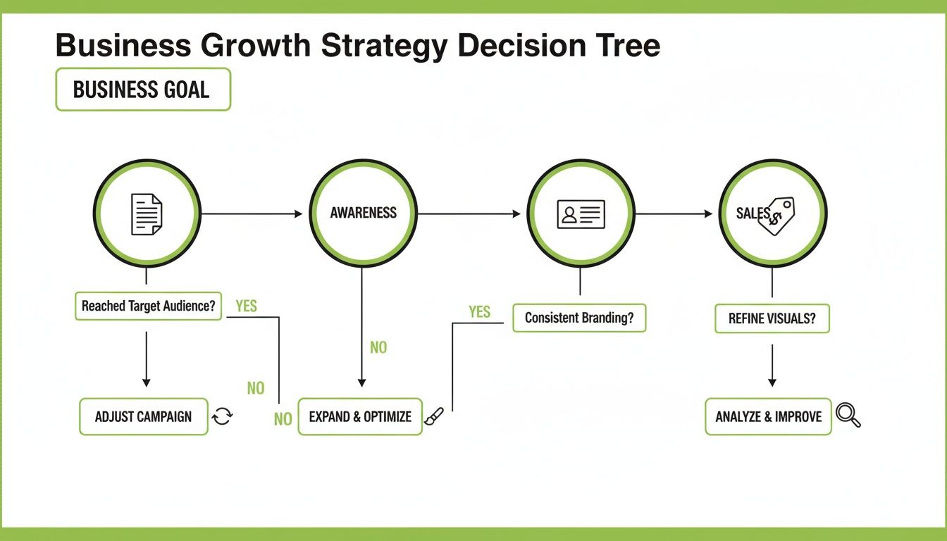 Flowchart of a business growth strategy decision tree, detailing steps from goals, awareness, branding, to sales improvement.