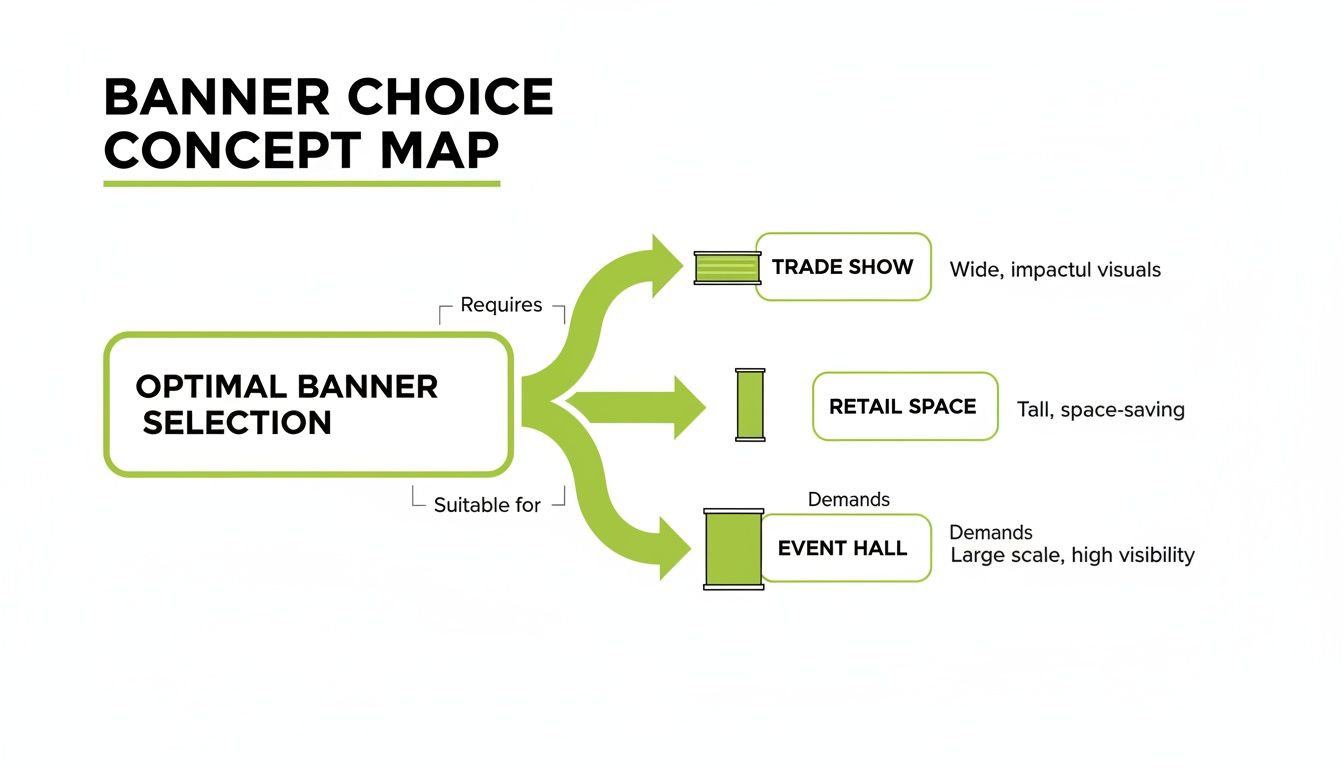 Concept map illustrating optimal banner selection criteria for trade shows, retail spaces, and event halls.