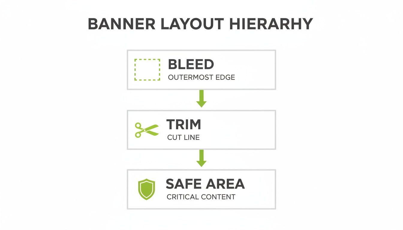 Diagram showing banner layout hierarchy: bleed (outermost edge), trim (cut line), and safe area (critical content).