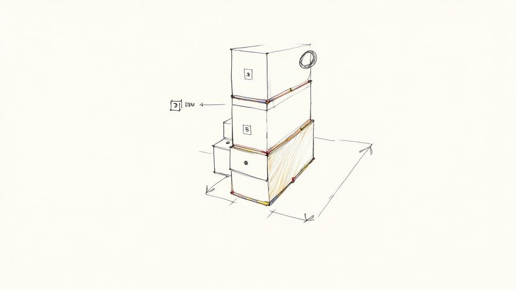 A hand-drawn sketch illustrating multiple rectangular storage boxes stacked, some labeled with numbers, on a white background.