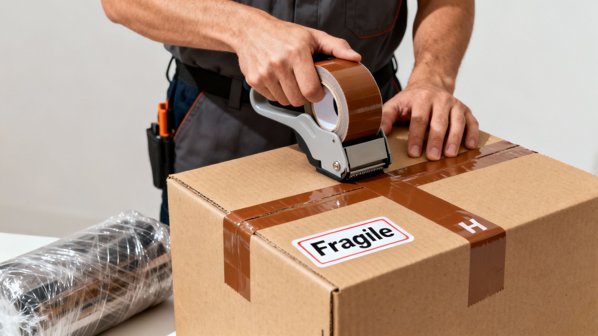 Close-up of a person's hands using a tape dispenser to seal a cardboard box with brown tape.