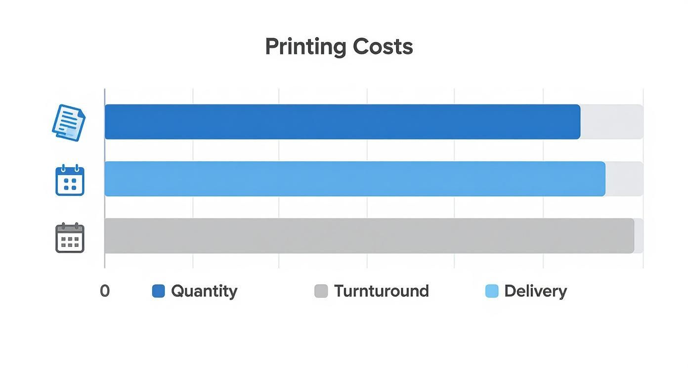 Horizontal bar chart visualizing printing costs, showing components like quantity, delivery, and turnaround, with turnaround as the highest.