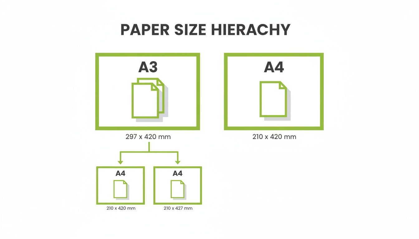 Paper size hierarchy diagram displaying A3 (297x420mm) and A4 (210x420mm, 210x427mm) dimensions.