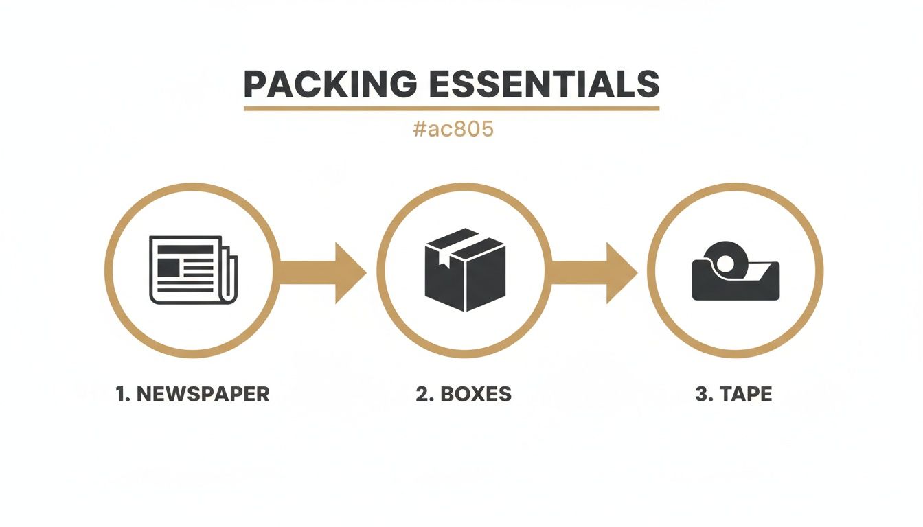 Infographic outlining three packing essentials: newspaper for protection, boxes for containment, and tape for sealing.
