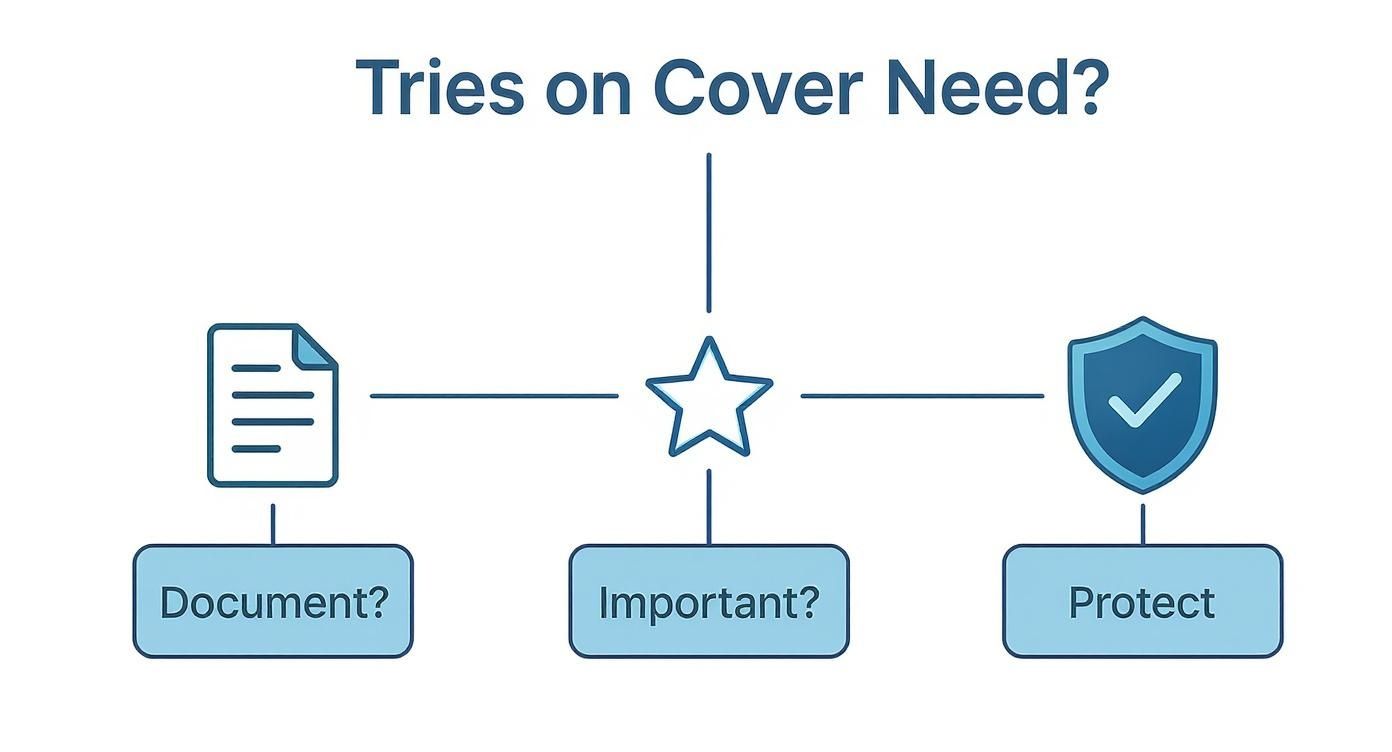 Flowchart illustrating "Tries on Cover Need?" connecting document, importance, and protection concepts.