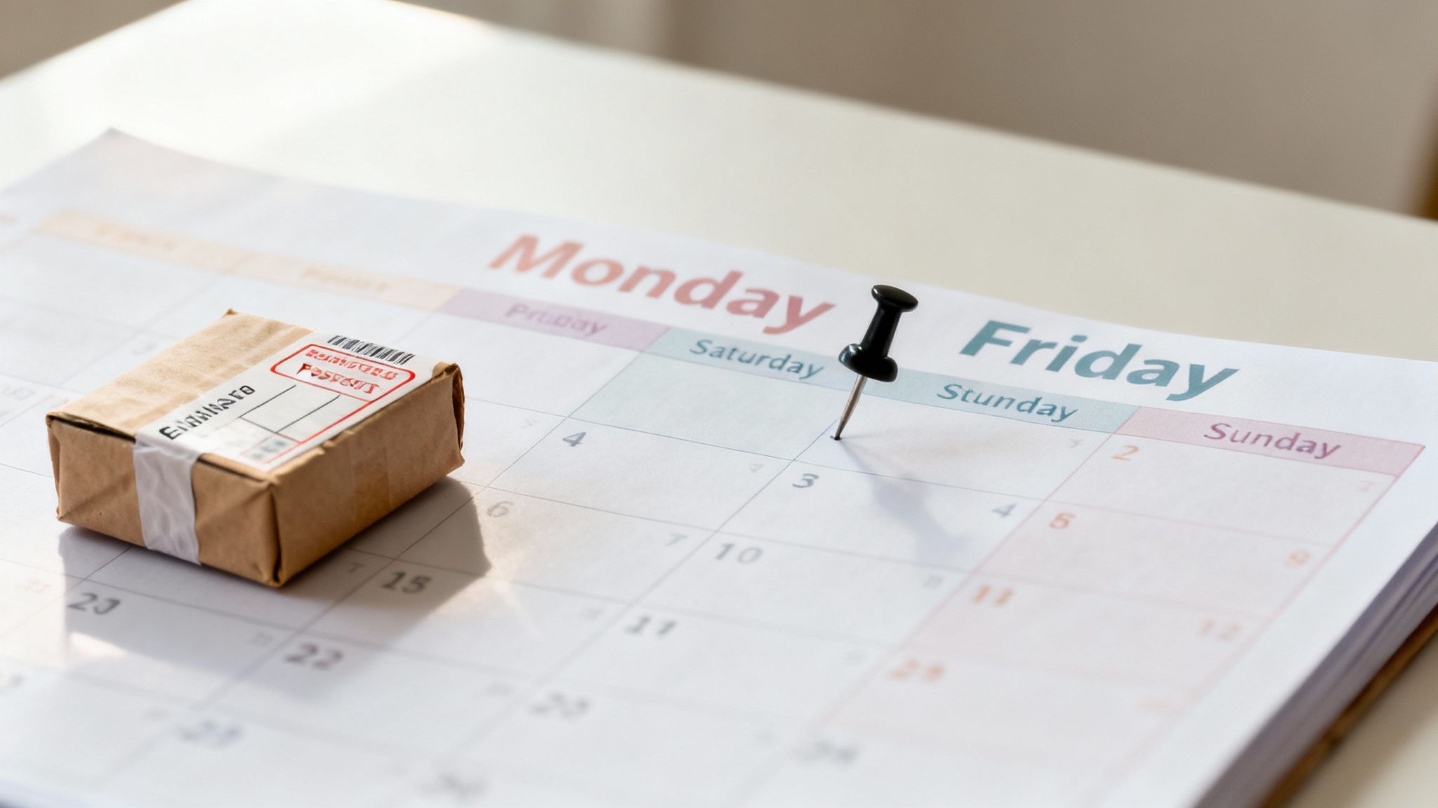 A small package rests on a calendar page, with a pushpin marking an important date for delivery.