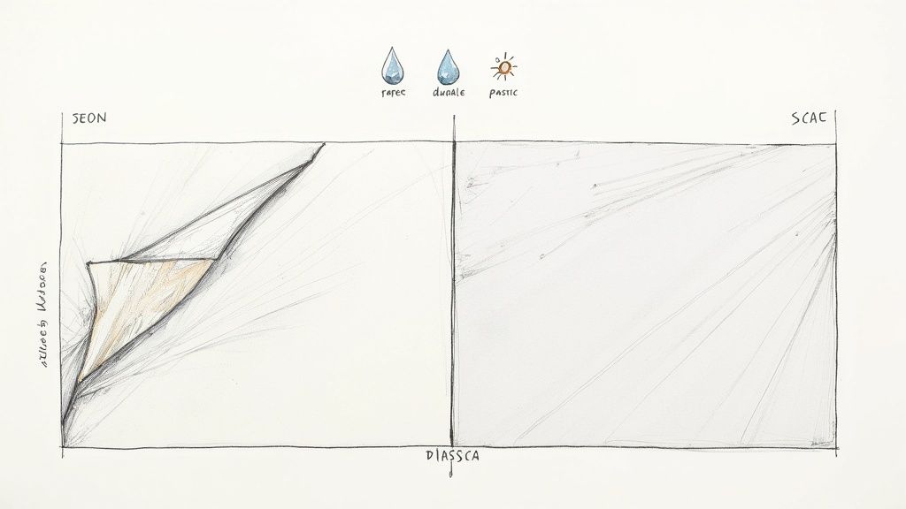 A conceptual sketch diagram comparing two distinct states or materials, with labels and symbolic icons.