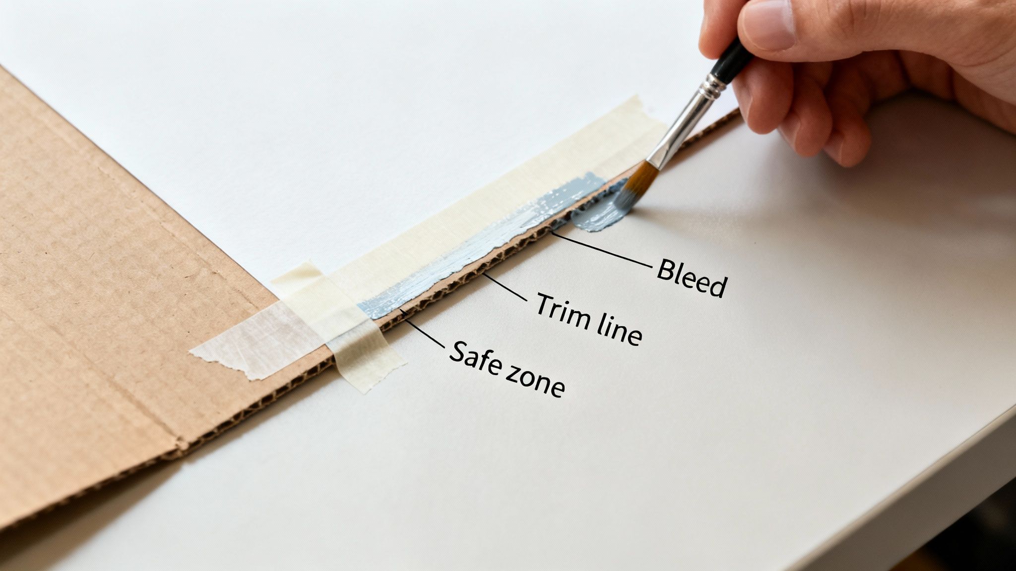 Close-up of a hand painting a line, demonstrating print bleed, trim line, and safe zone.