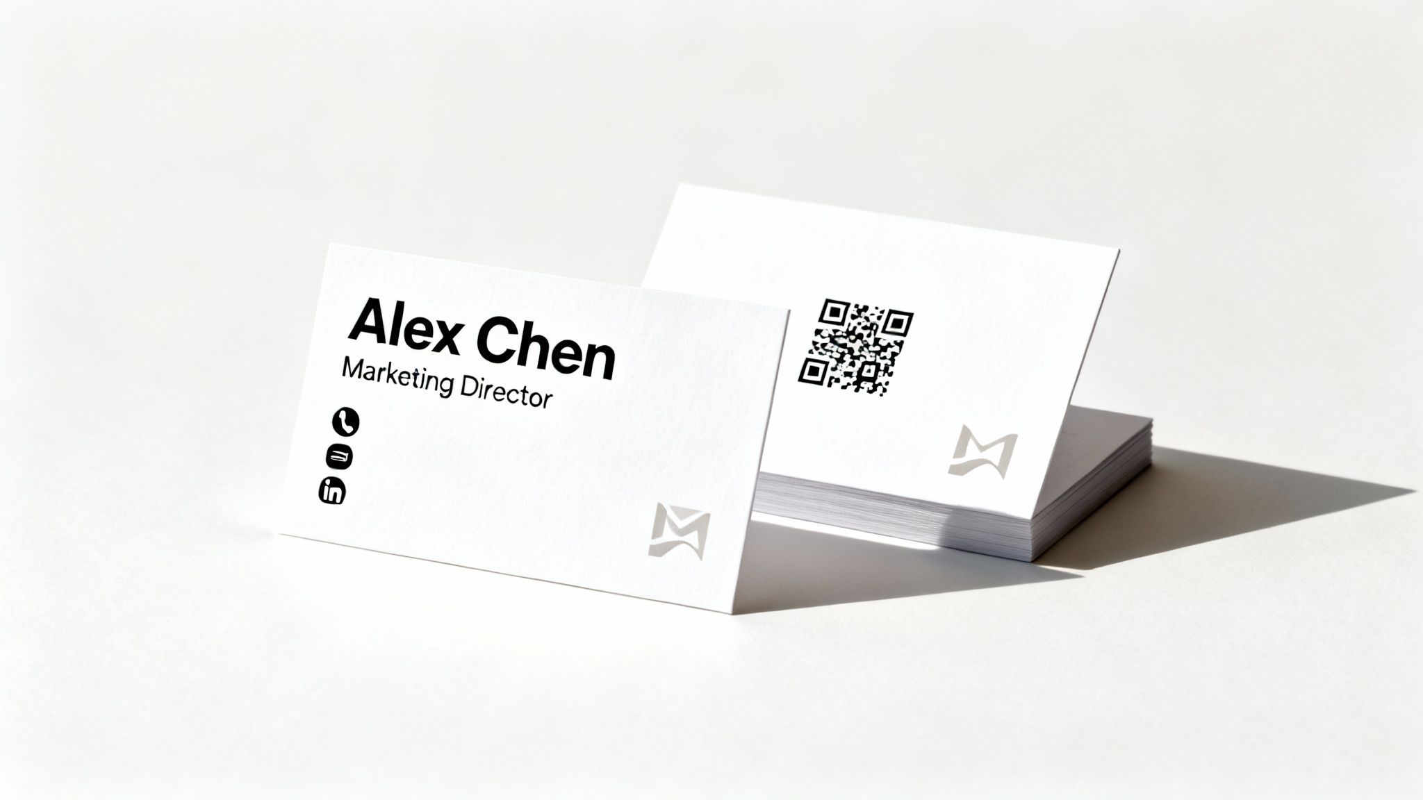 Two white business cards, one displaying Alex Chen's name, title, contact icons, and another with a QR code.