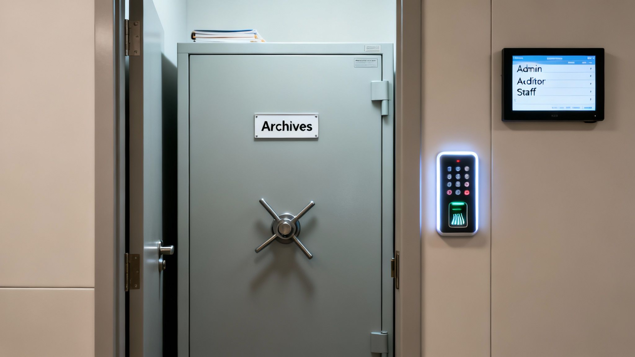 A secure archives vault door with a digital keypad, fingerprint scanner, and access control screen.