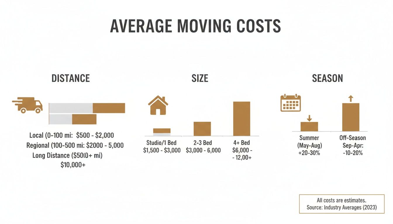 Infographic displaying average moving costs based on distance, home size, and season, with 2023 estimates.