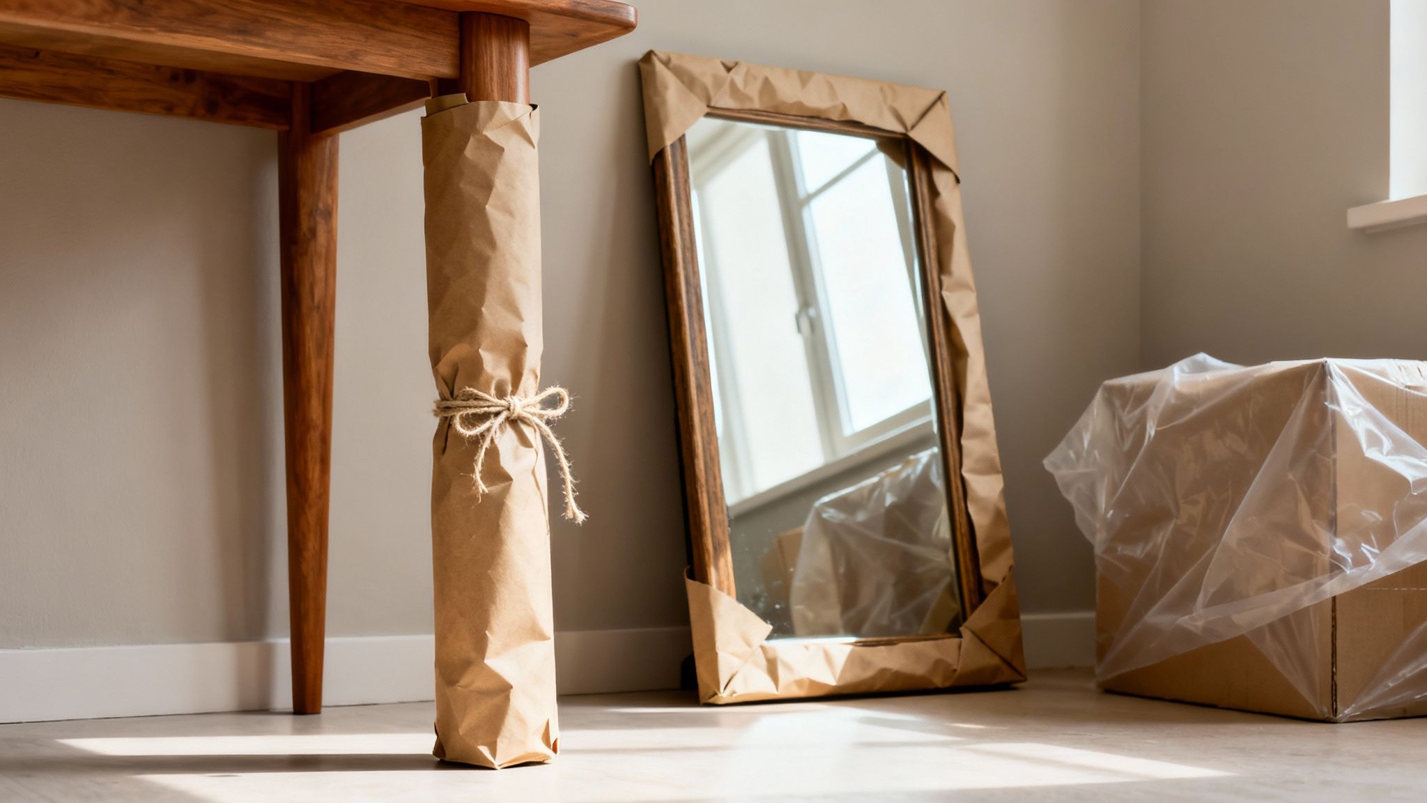 A wooden table leg and a mirror wrapped in brown paper, next to a cardboard box, indicating items packed for moving.