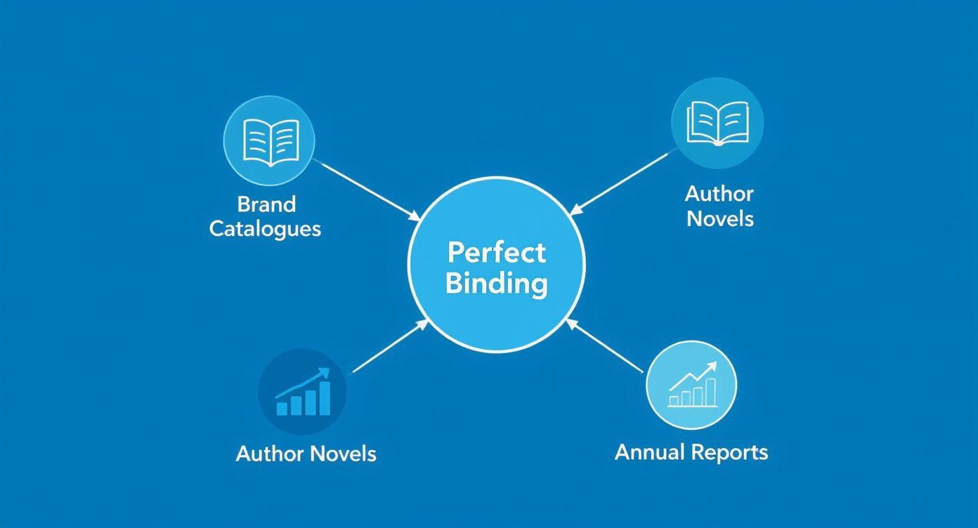 Infographic showing perfect binding applications including brand catalogues, author novels, and annual reports