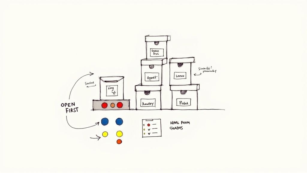 A hand-drawn diagram illustrating a system for unpacking moving boxes, with some labeled and prioritized.