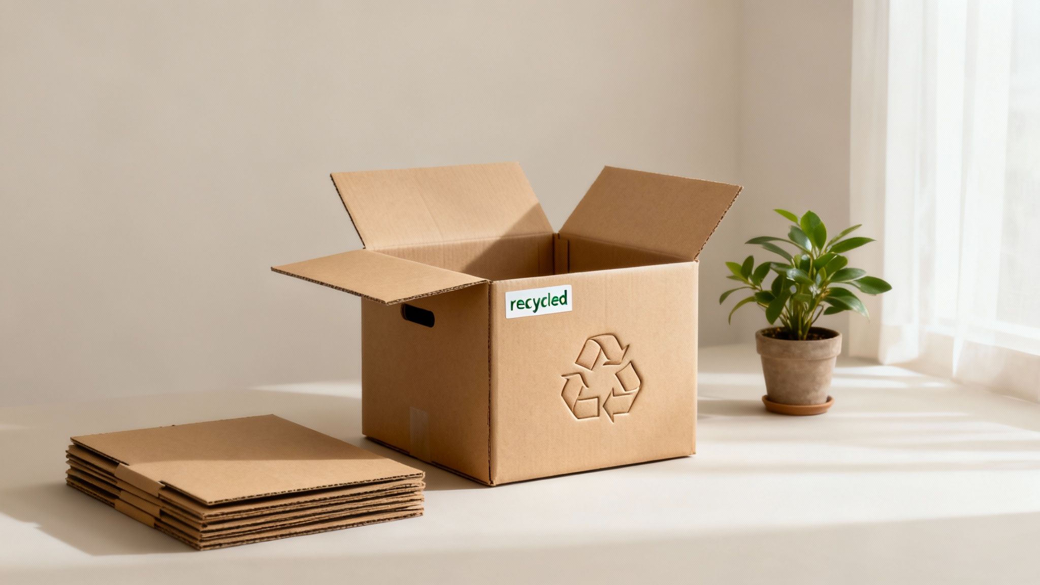 An open cardboard box with a 'recycled' sticker and embossed symbol, next to a stack of flattened boxes, and a potted plant.