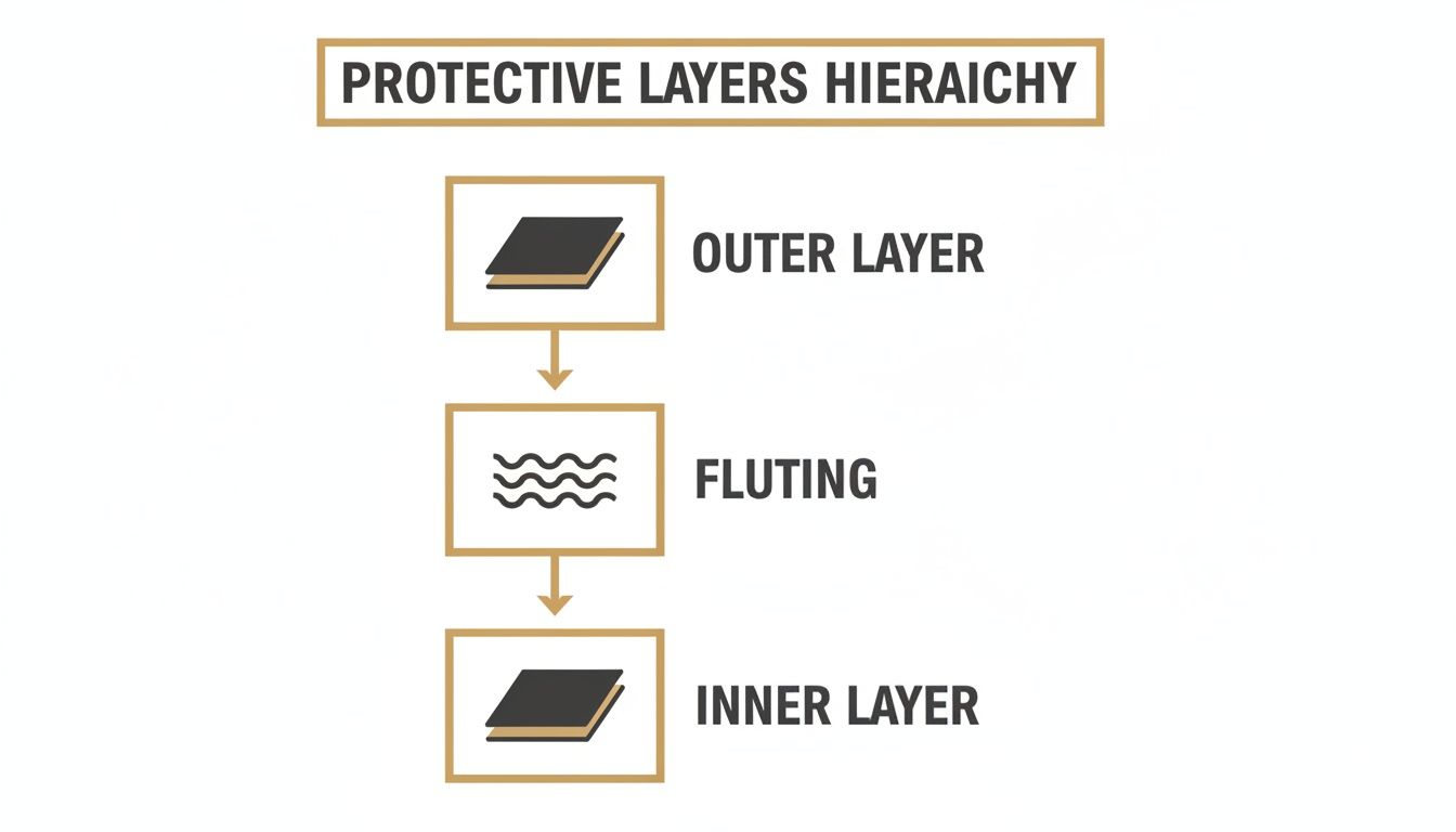 A diagram illustrating the protective layers hierarchy: Outer Layer, Fluting, and Inner Layer, in a top-down flow.