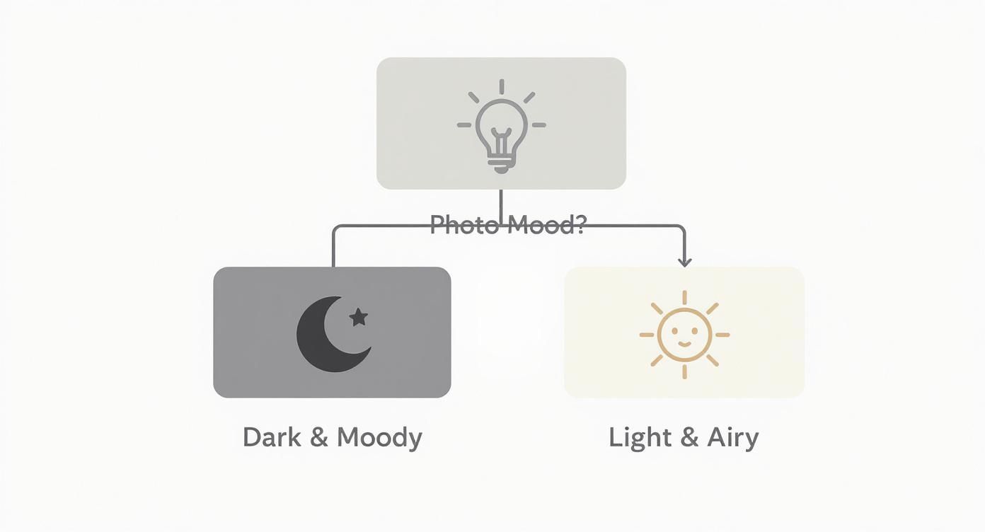 Flowchart showing 'Photo Mood?' decision with two options: 'Dark & Moody' (moon icon) and 'Light & Airy' (sun icon).